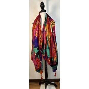 Large Scarf Or Wrap Bright Colors Abstract W/Tassels No Tags Artsy 36x72” Feathe